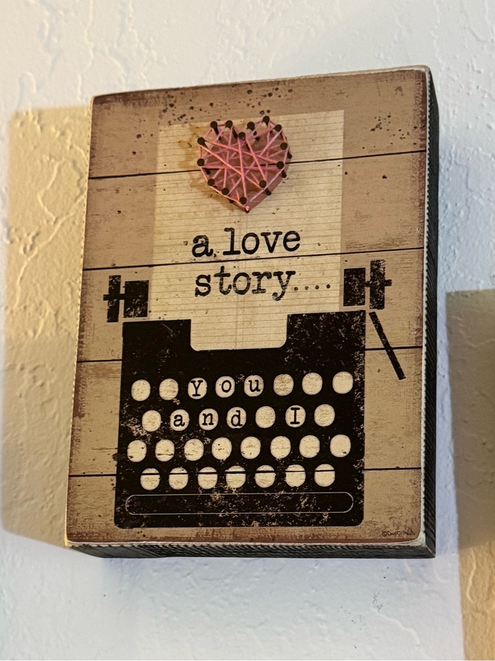 Rustic 'a love story' Typewriter Wooden Wall Plaque with Pink Heart
